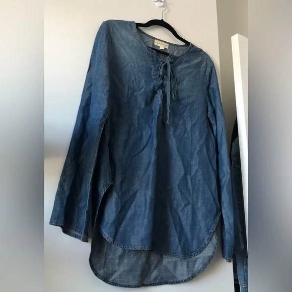 ANTHROPOLOGIE CLOTH & STONE CHAMBRAY LACE UP BLOUSE MEDIUM TENCEL LYOCELL TUNIC - Picture 5 of 10